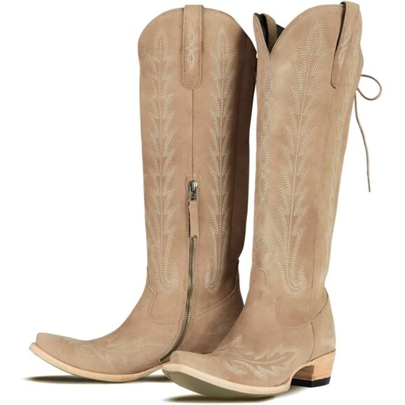 ⚡Women's Beige Knee High Wide Calf Lace Up Embroidered Cowgirl Boots Pull On - Picture 7 of 7